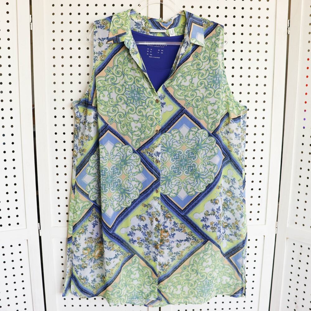 Susan Graver SIZE 18W Printed Sheer Chiffon Button Vest Green Blue A353359 - Picture 4 of 9